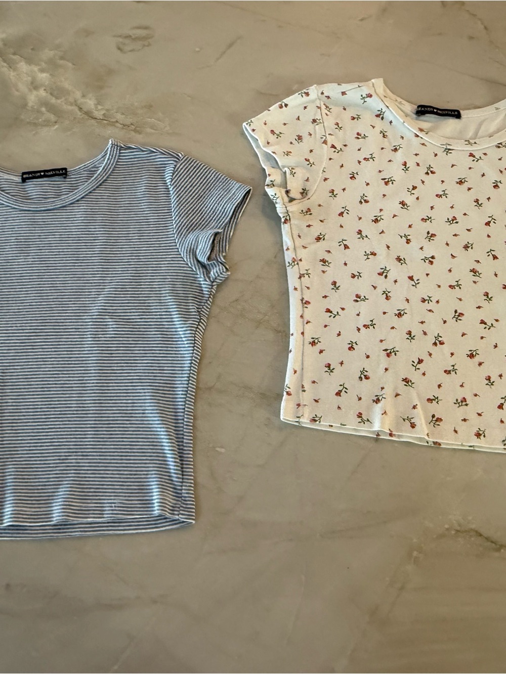 Brandy Melville Blue Stripe Tee + White Floral Short Sleeve Set